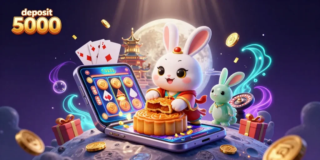 Engage with the deposit 5000 slots adventure featuring the moon rabbit amidst vibrant casino elements.