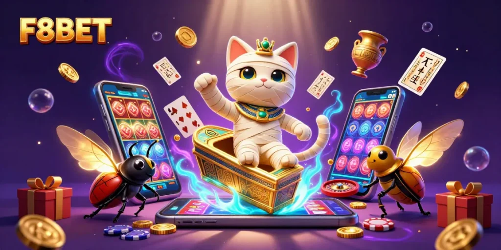 Experience the thrill of F8BET with a vibrant 3D illustration of a mummy cat and casino elements.