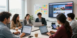 Breaking news collaboration scene at https://www.theindaily.com with journalists engaged in live updates.