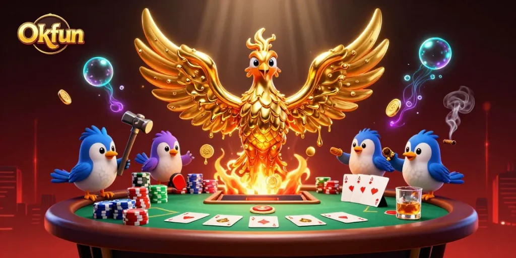 Experience thrilling gameplay at Okfun with a molten gold phoenix soaring over poker chips and cards.