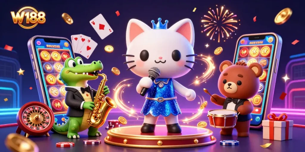 W188 showcases thrilling slot game excitement with charismatic characters in a vibrant casino scene.