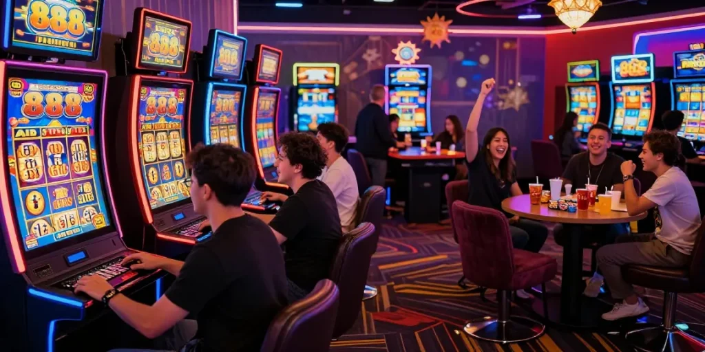 Pengalaman bermain 888 slots di kasino modern dengan teman-teman yang bersorak merayakan jackpot.