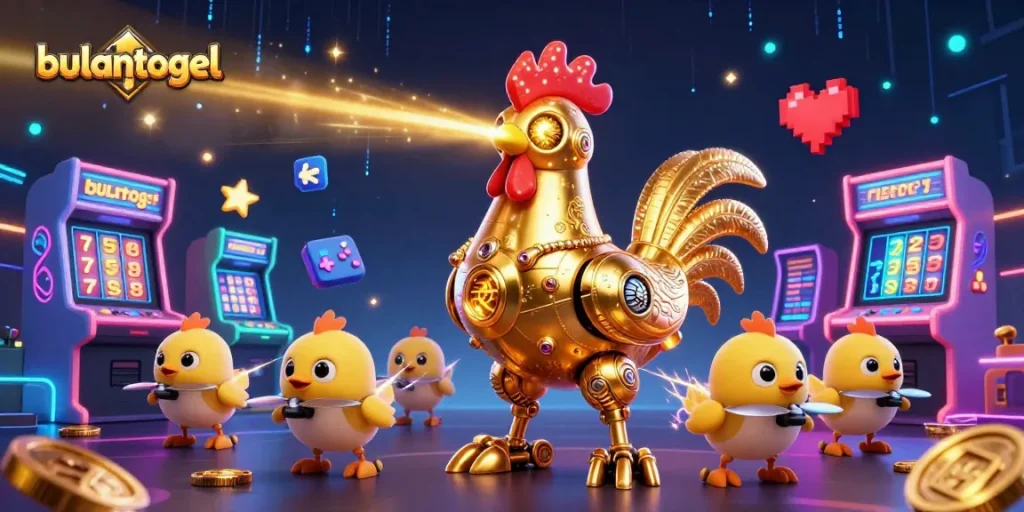 Berdasarkan bulantogel, robot ayam emas futuristik tampil menembakkan laser di kasino yang penuh warna.