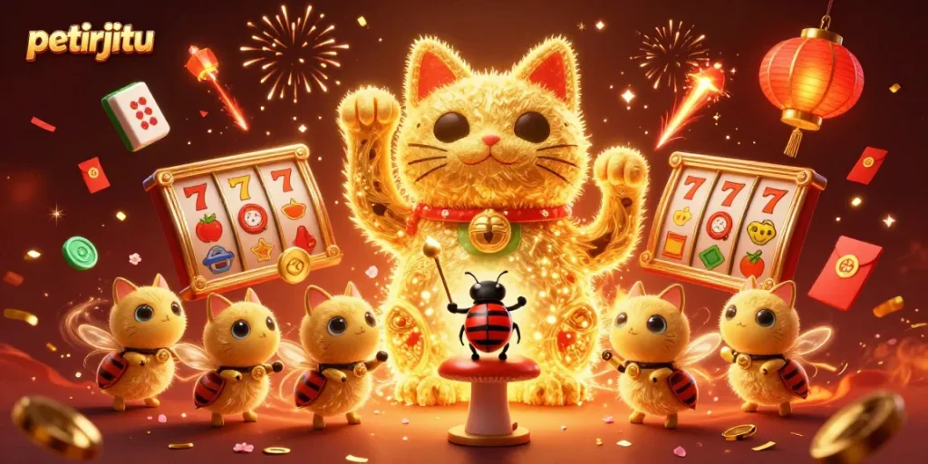 Petirjitu menghadirkan ilustrasi 3D kasino dengan kucing keberuntungan dan simbol slot.